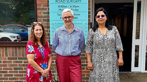Alex standing outside Branksomewood Surgery with members of Hart Health Partnership's leadership team.